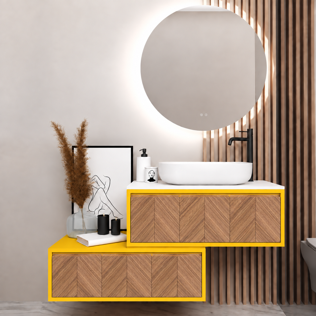 Asymmetrical vanity — cabinet168, drawer270, white upper countertop; yellow lower shelf
