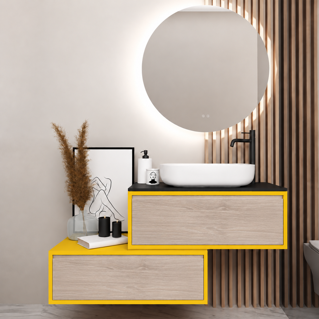 Asymmetrical vanity — cabinet168, drawer326, black upper countertop; yellow lower shelf