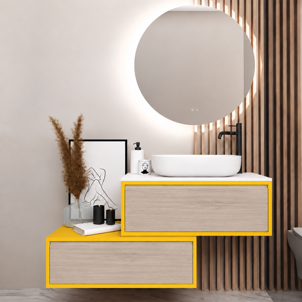 Asymmetrical vanity — cabinet168, drawer326, white upper countertop; yellow lower shelf