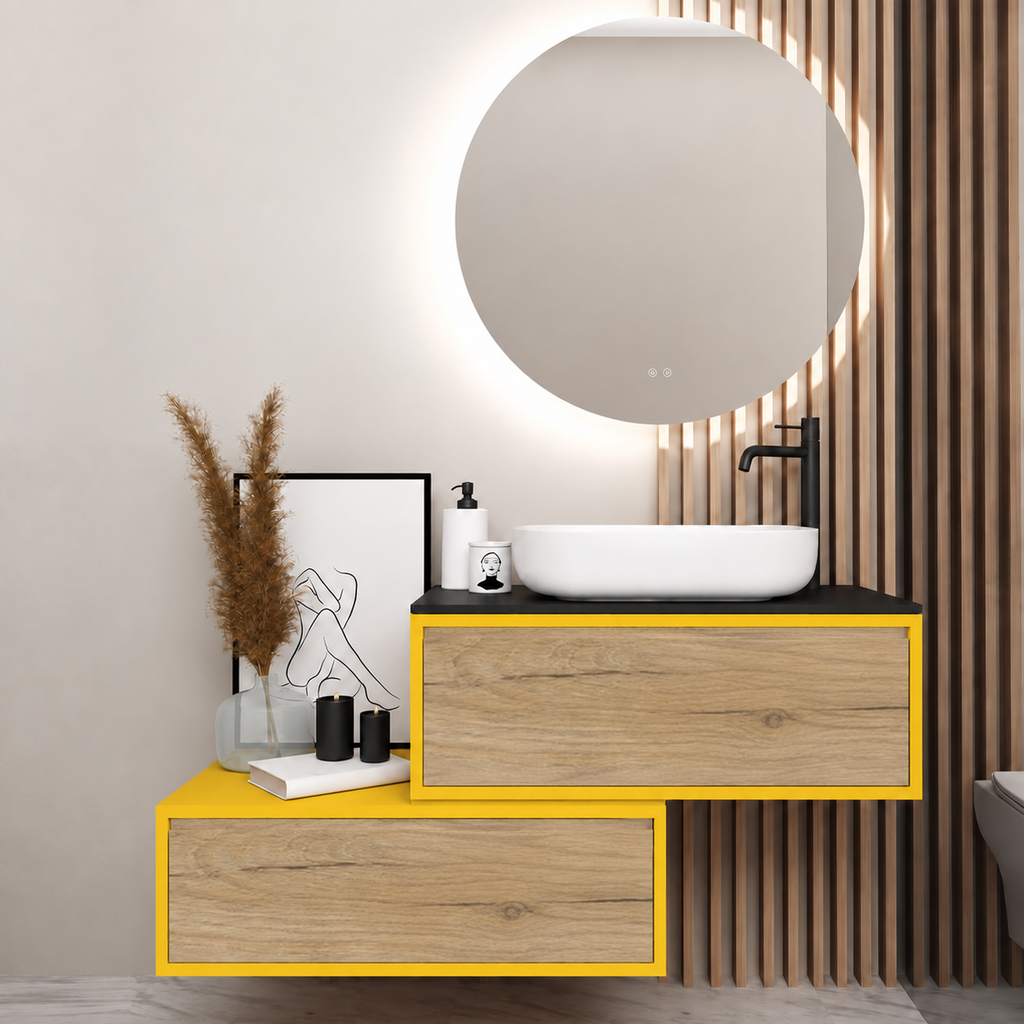Asymmetrical vanity — cabinet168, drawer331, black upper countertop; yellow lower shelf