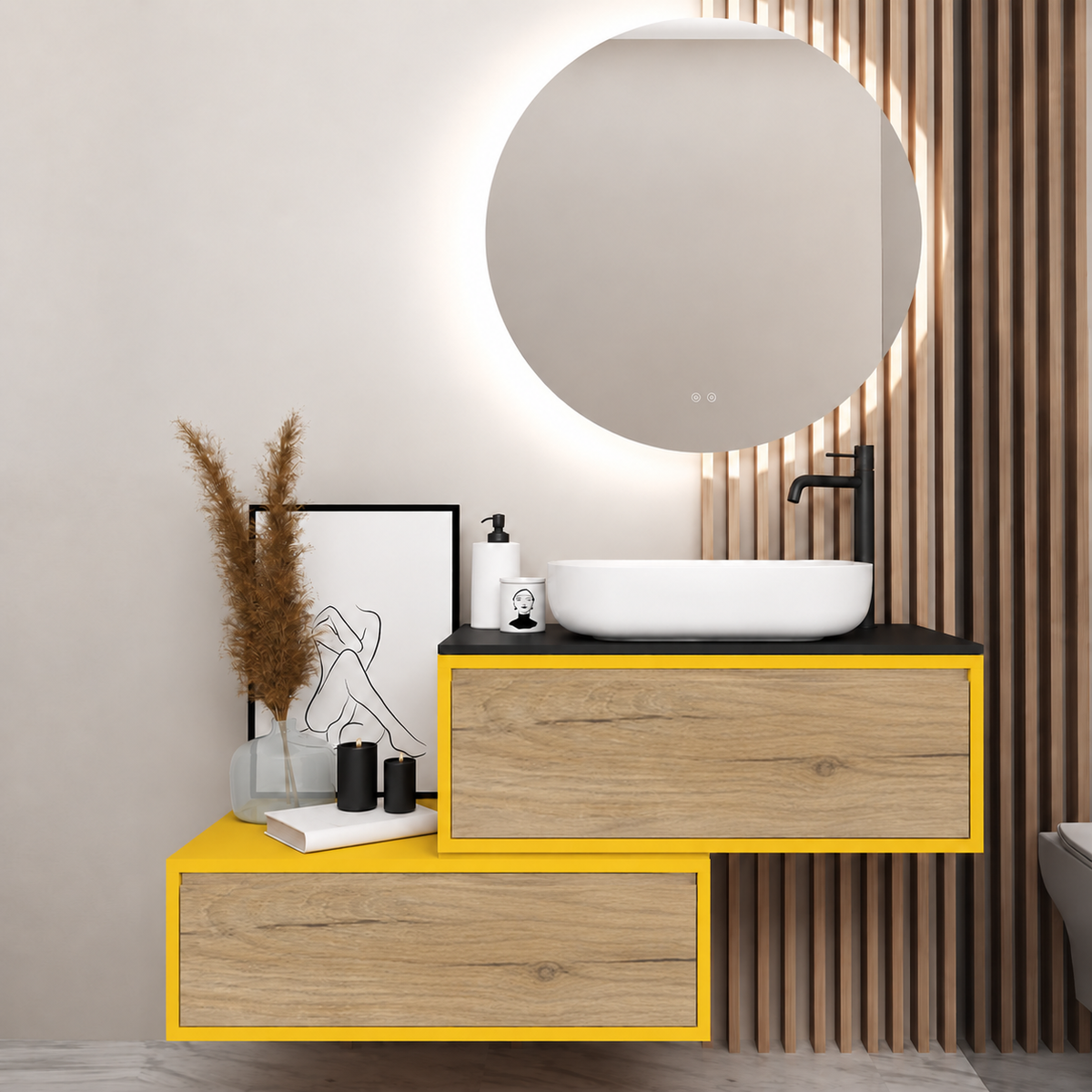 Asymmetrical vanity — cabinet168, drawer331, black upper countertop; yellow lower shelf
