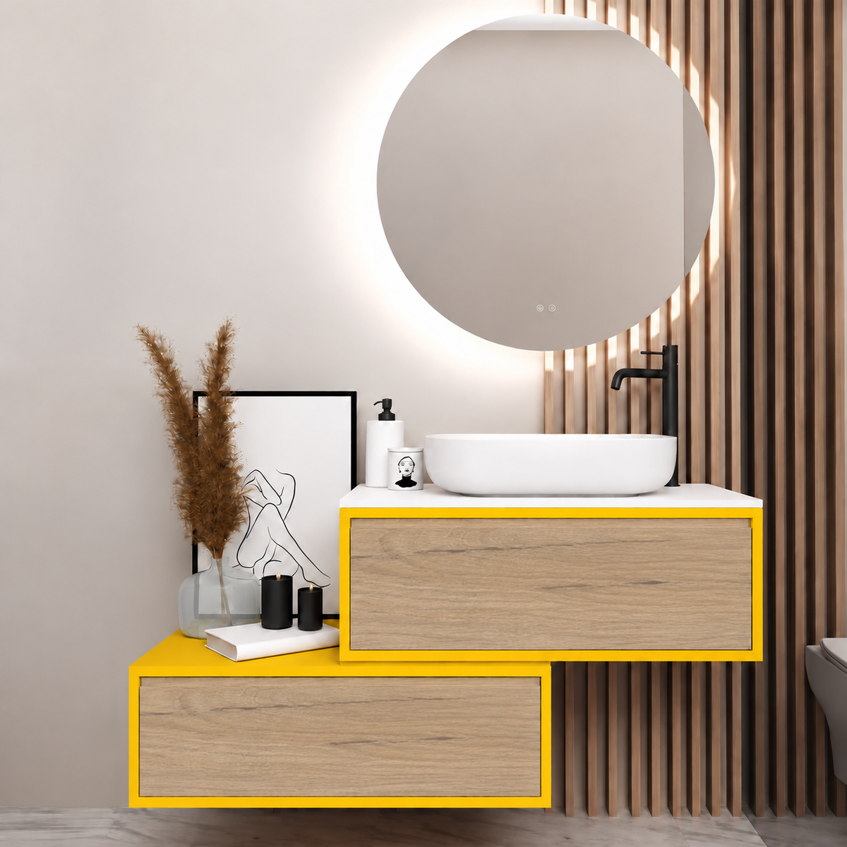 Asymmetrical vanity — cabinet168, drawer331, white upper countertop; yellow lower shelf