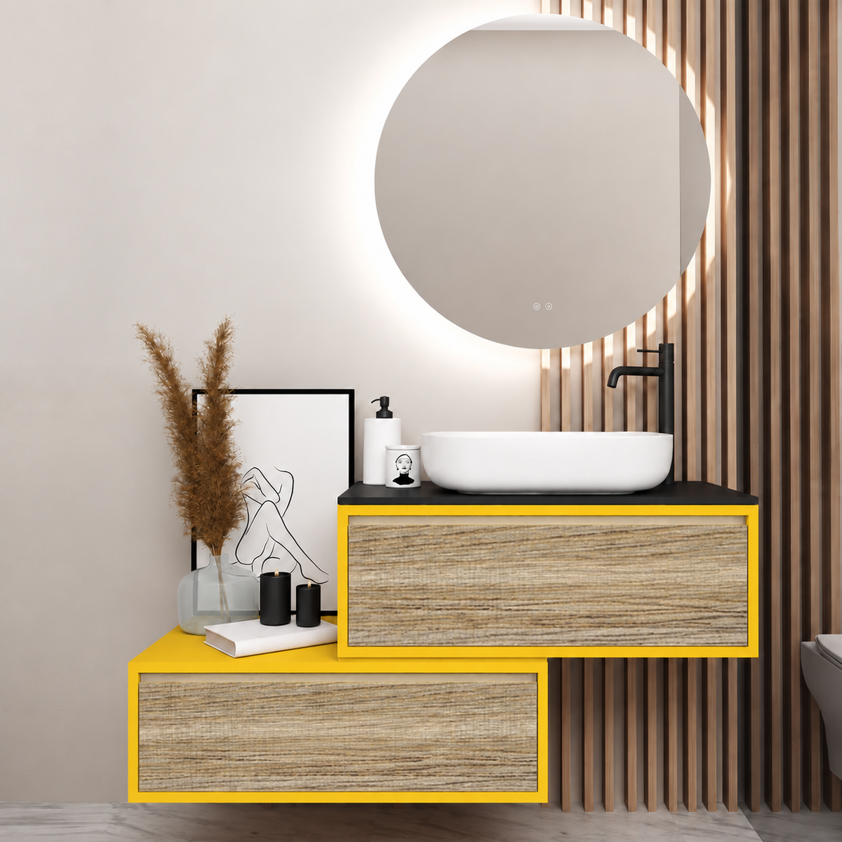 Asymmetrical vanity — cabinet168, drawer390, black upper countertop; yellow lower shelf