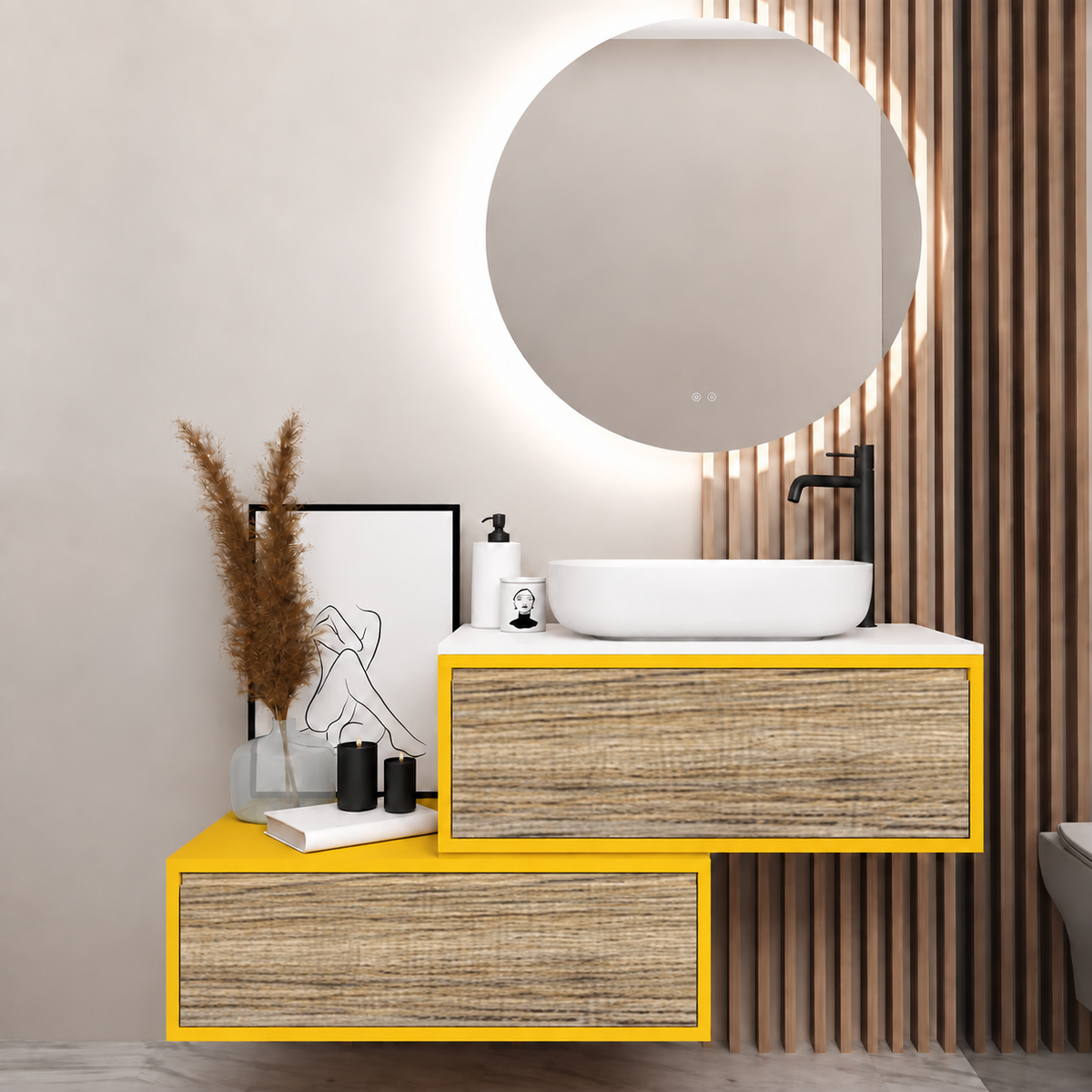 Asymmetrical vanity — cabinet168, drawer390, white upper countertop; yellow lower shelf