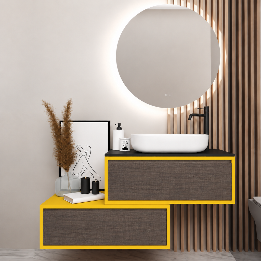 Asymmetrical vanity — cabinet168, drawer399, black upper countertop; yellow lower shelf