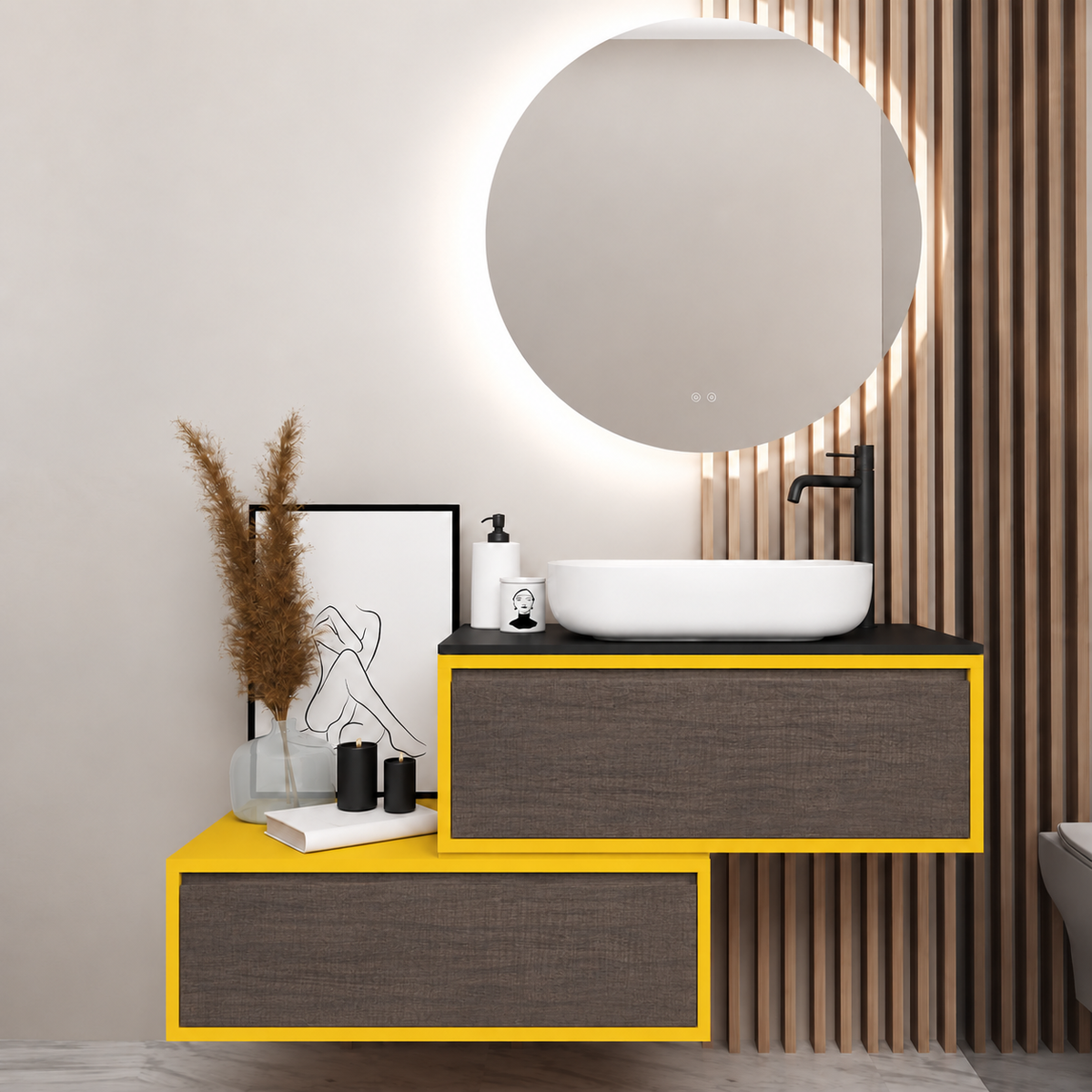 Asymmetrical vanity — cabinet168, drawer399, black upper countertop; yellow lower shelf