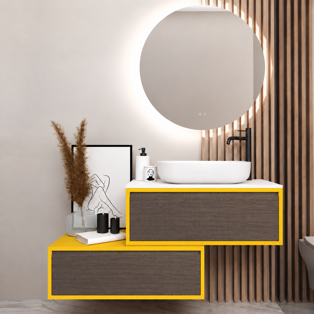 Asymmetrical vanity — cabinet168, drawer399, white upper countertop; yellow lower shelf