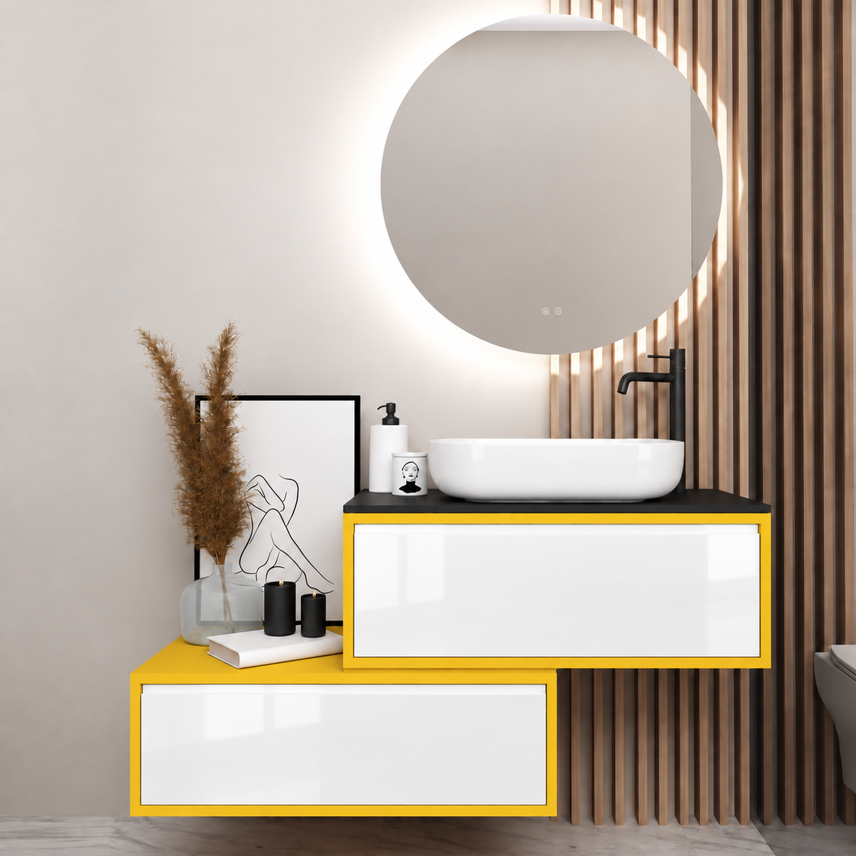 Asymmetrical vanity — cabinet168, drawer6010, black upper countertop; yellow lower shelf