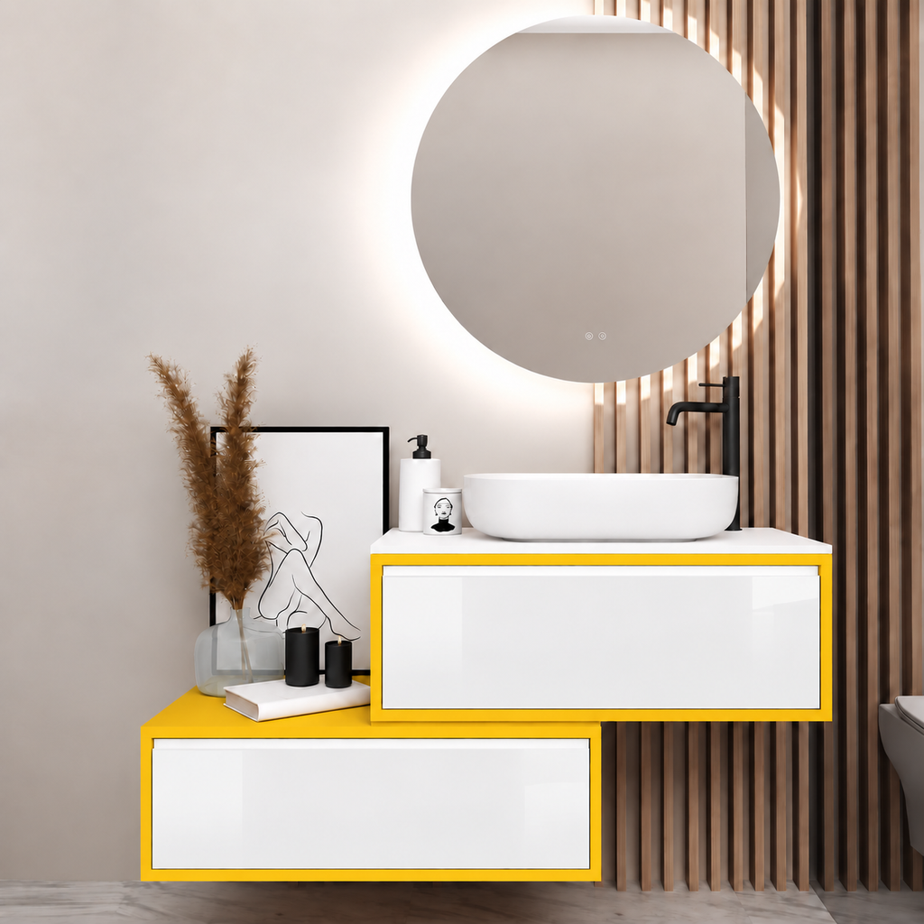 Asymmetrical vanity — cabinet168, drawer6010, white upper countertop; yellow lower shelf