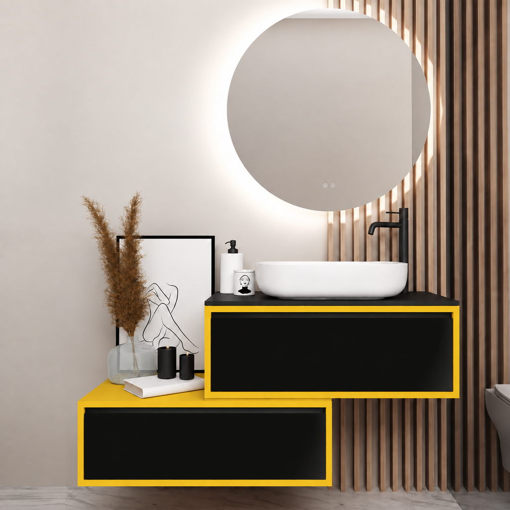 Asymmetrical vanity — cabinet168, drawer6040, black upper countertop; yellow lower shelf
