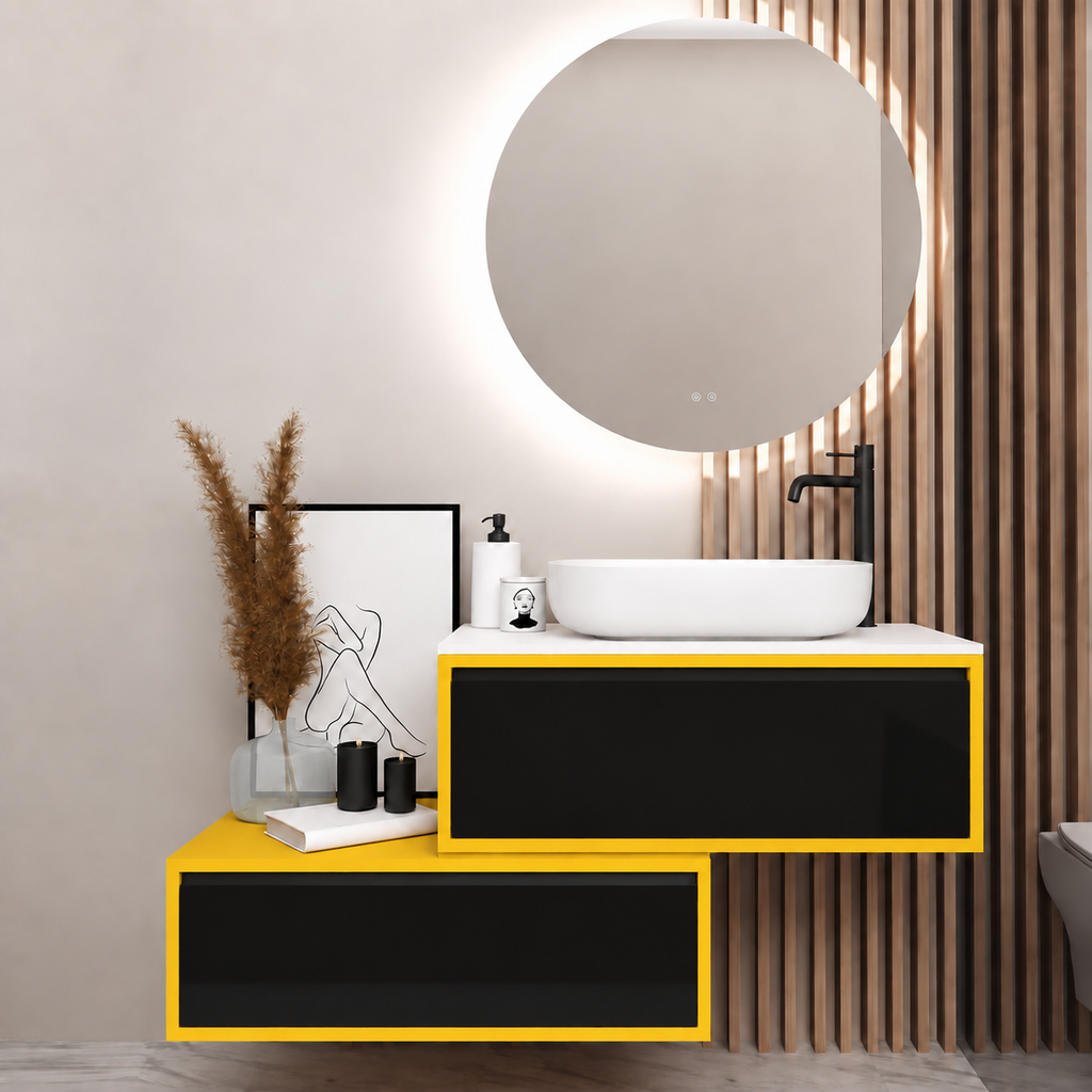 Asymmetrical vanity — cabinet168, drawer6040, white upper countertop; yellow lower shelf
