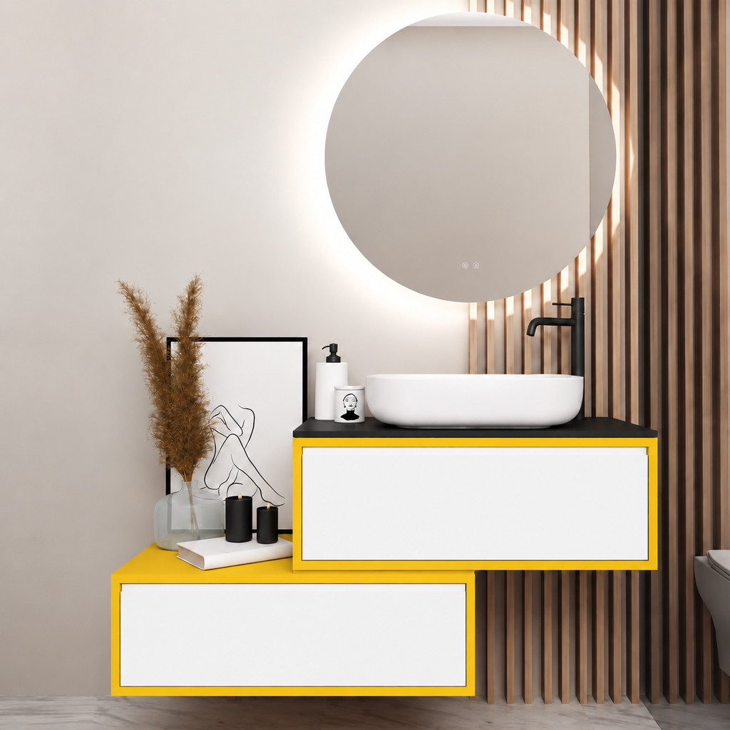 Asymmetrical vanity — cabinet168, drawer6080, black upper countertop; yellow lower shelf