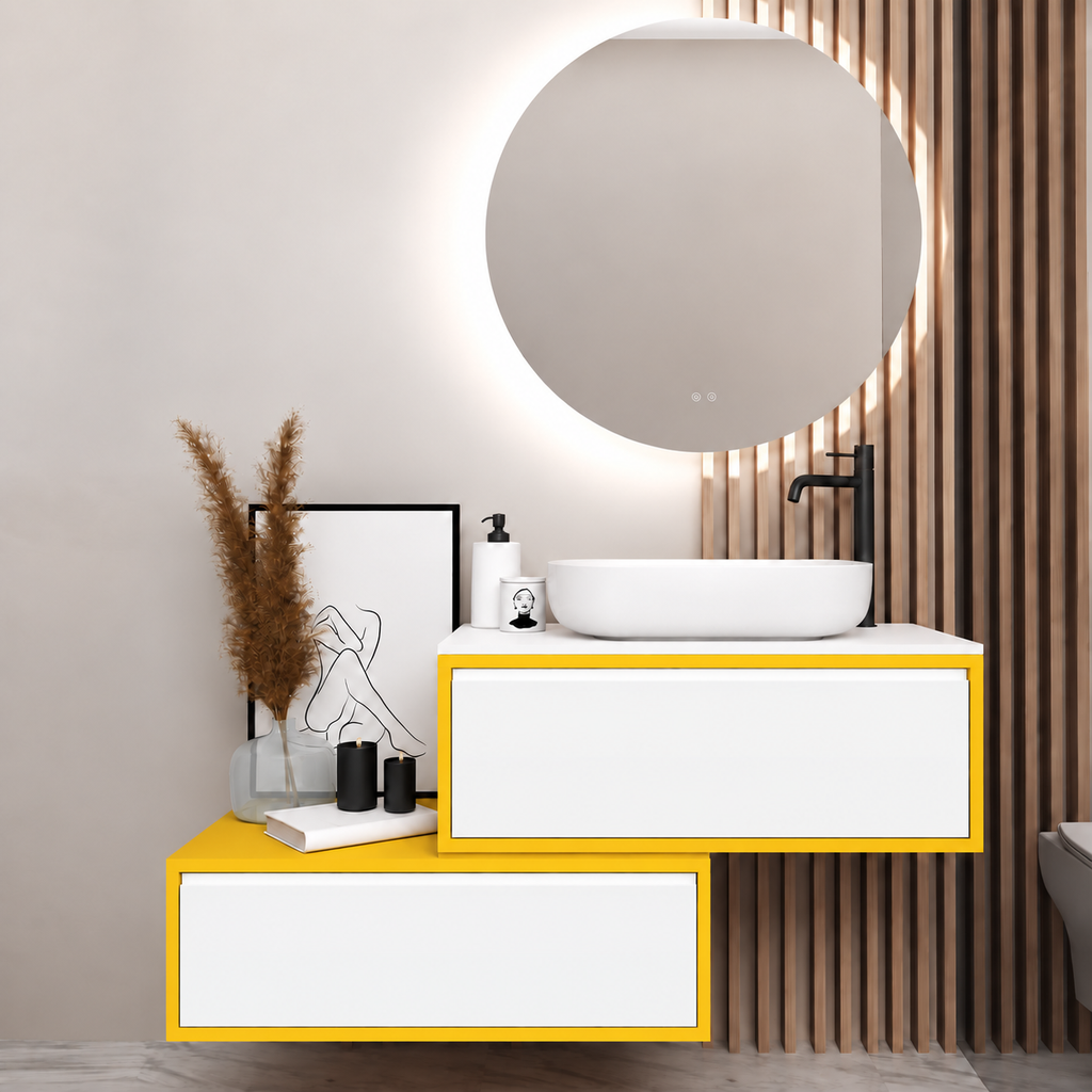 Asymmetrical vanity — cabinet168, drawer6080, white upper countertop; yellow lower shelf