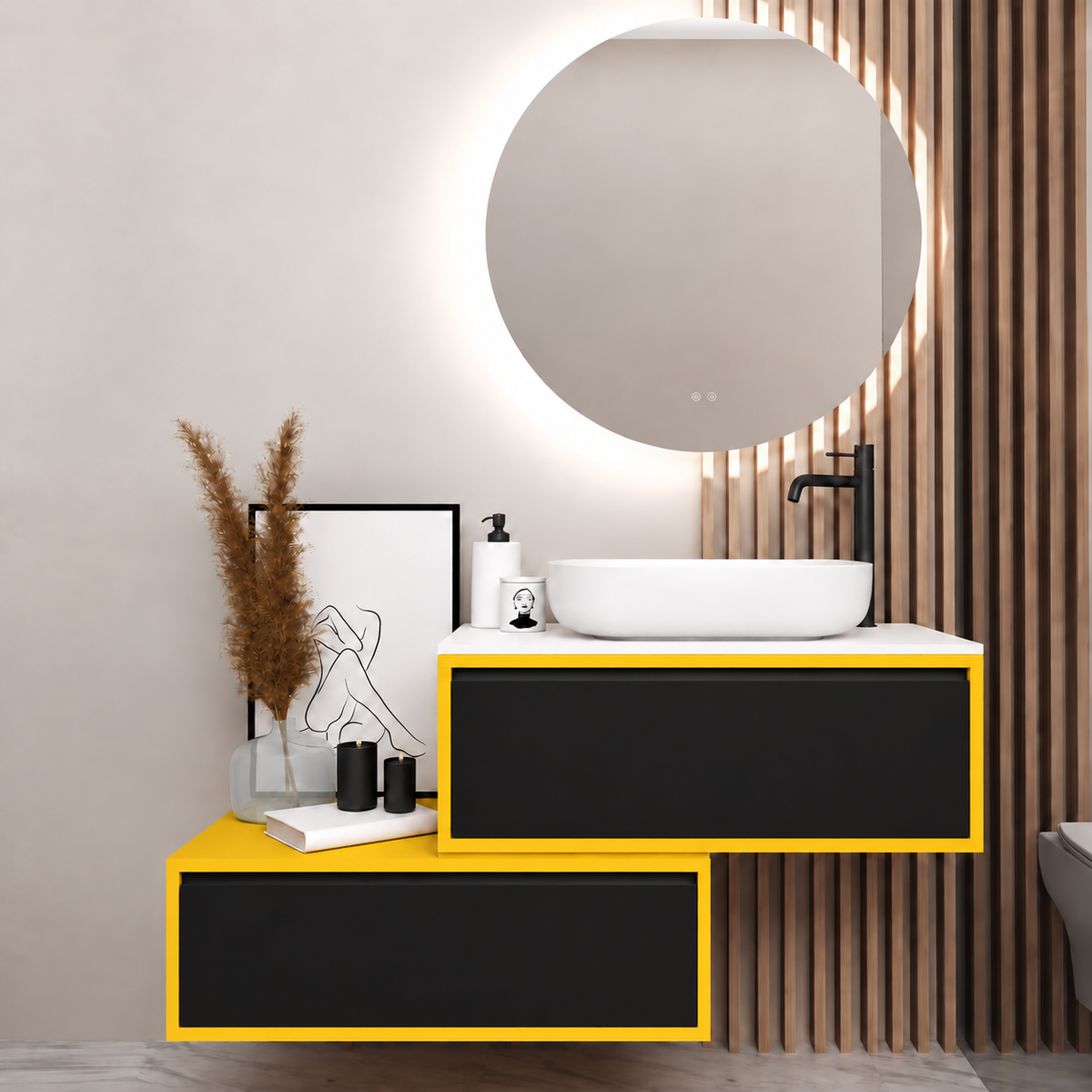 Asymmetrical vanity — cabinet168, drawer6090, white upper countertop; yellow lower shelf