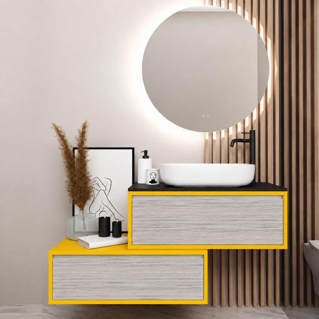 Asymmetrical vanity — cabinet168, drawer719, black upper countertop; yellow lower shelf