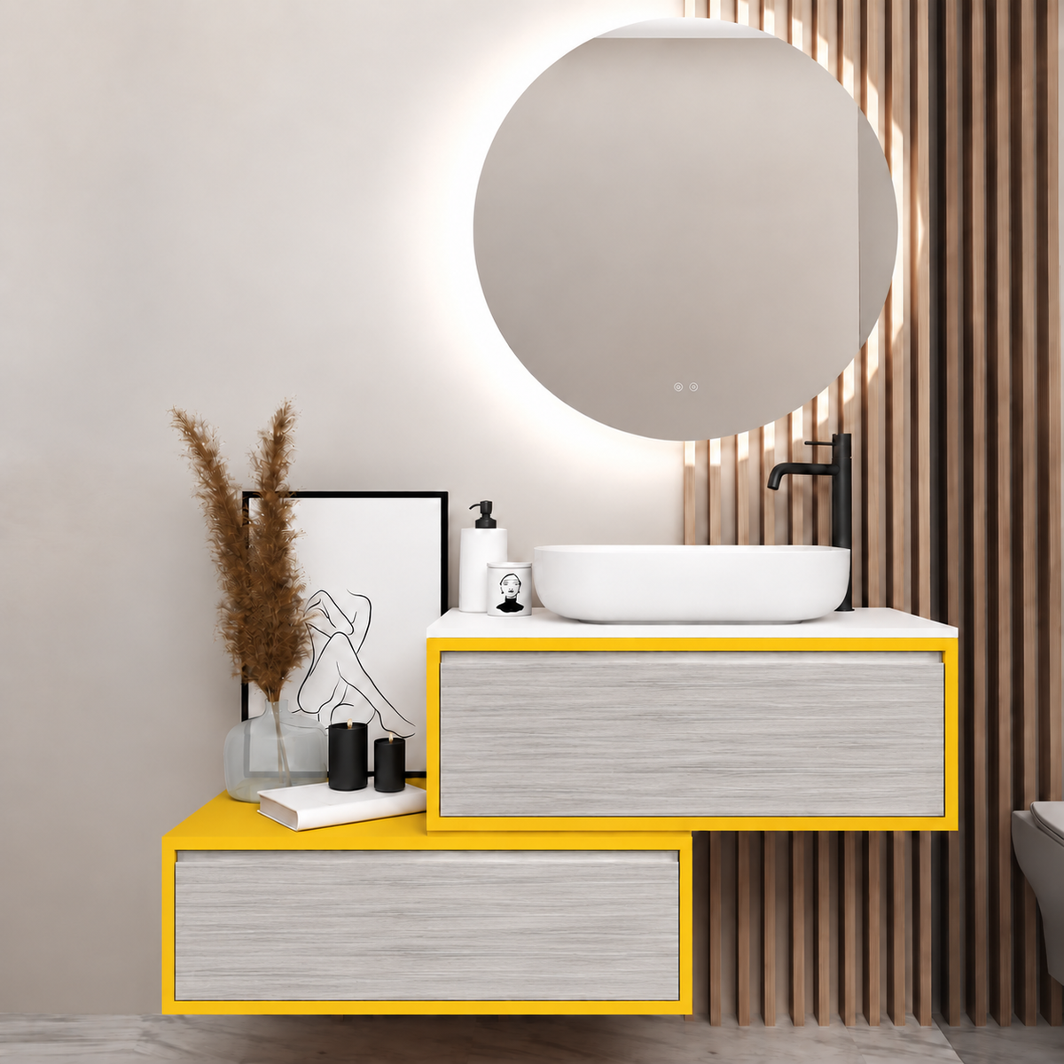 Asymmetrical vanity — cabinet168, drawer719, white upper countertop; yellow lower shelf