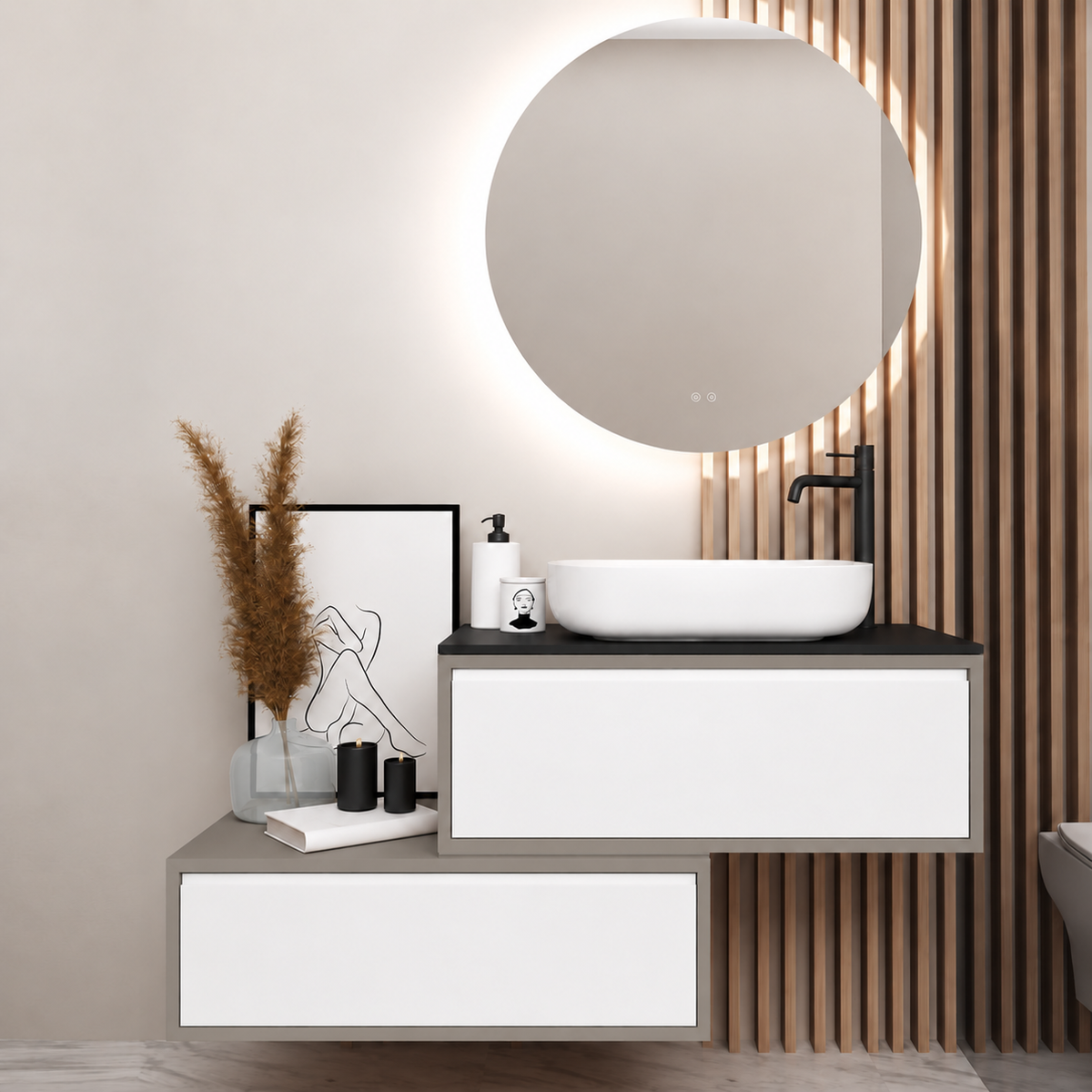 Asymmetrical vanity — cabinet194, drawer101, black upper countertop; taupe lower shelf