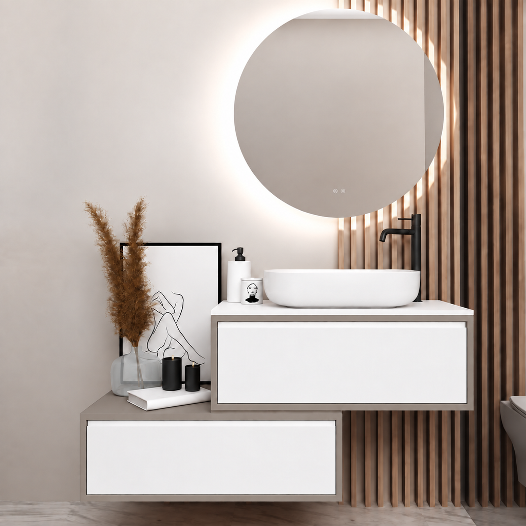 Asymmetrical vanity — cabinet194, drawer101, white upper countertop; taupe lower shelf