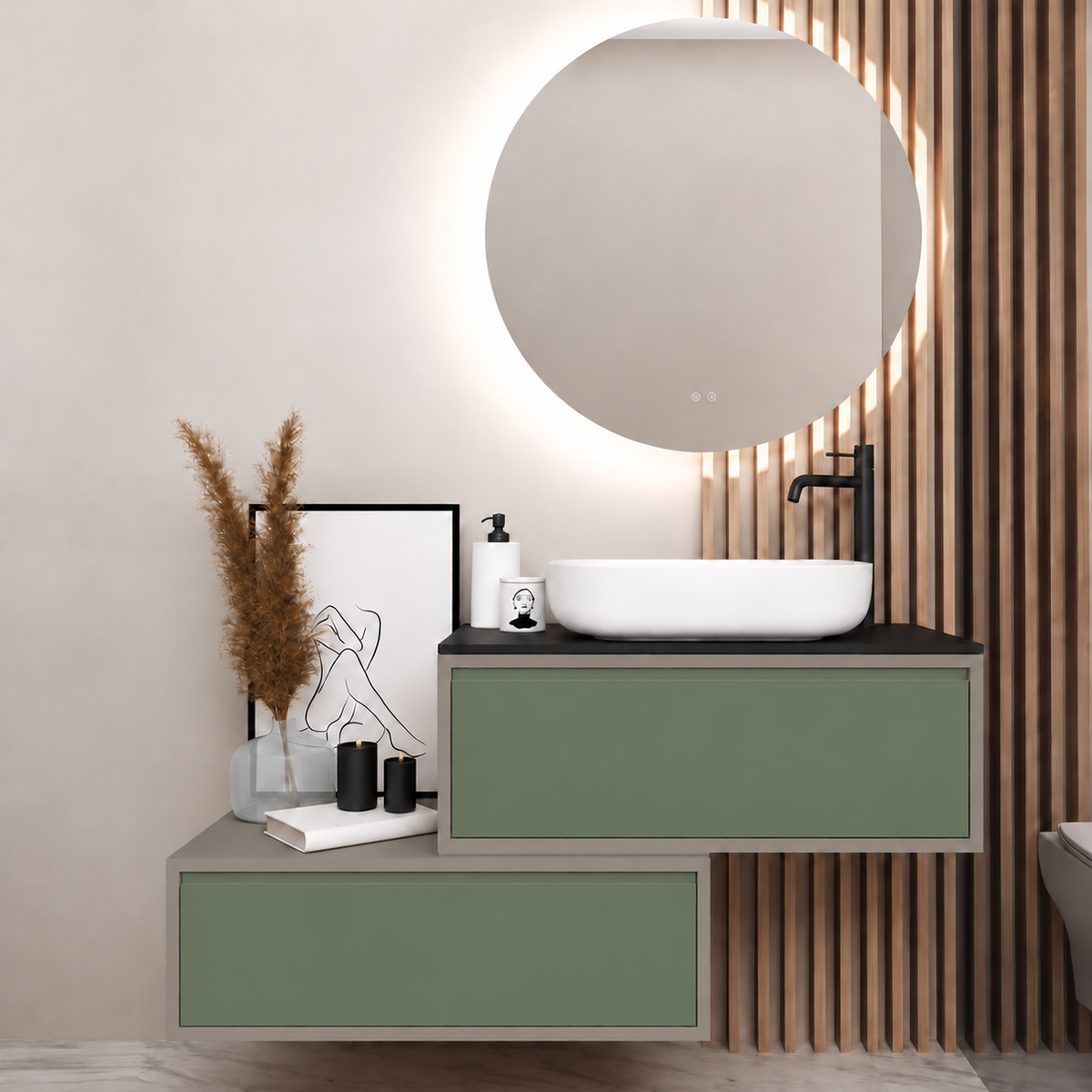 Asymmetrical vanity — cabinet194, drawer162, black upper countertop; taupe lower shelf