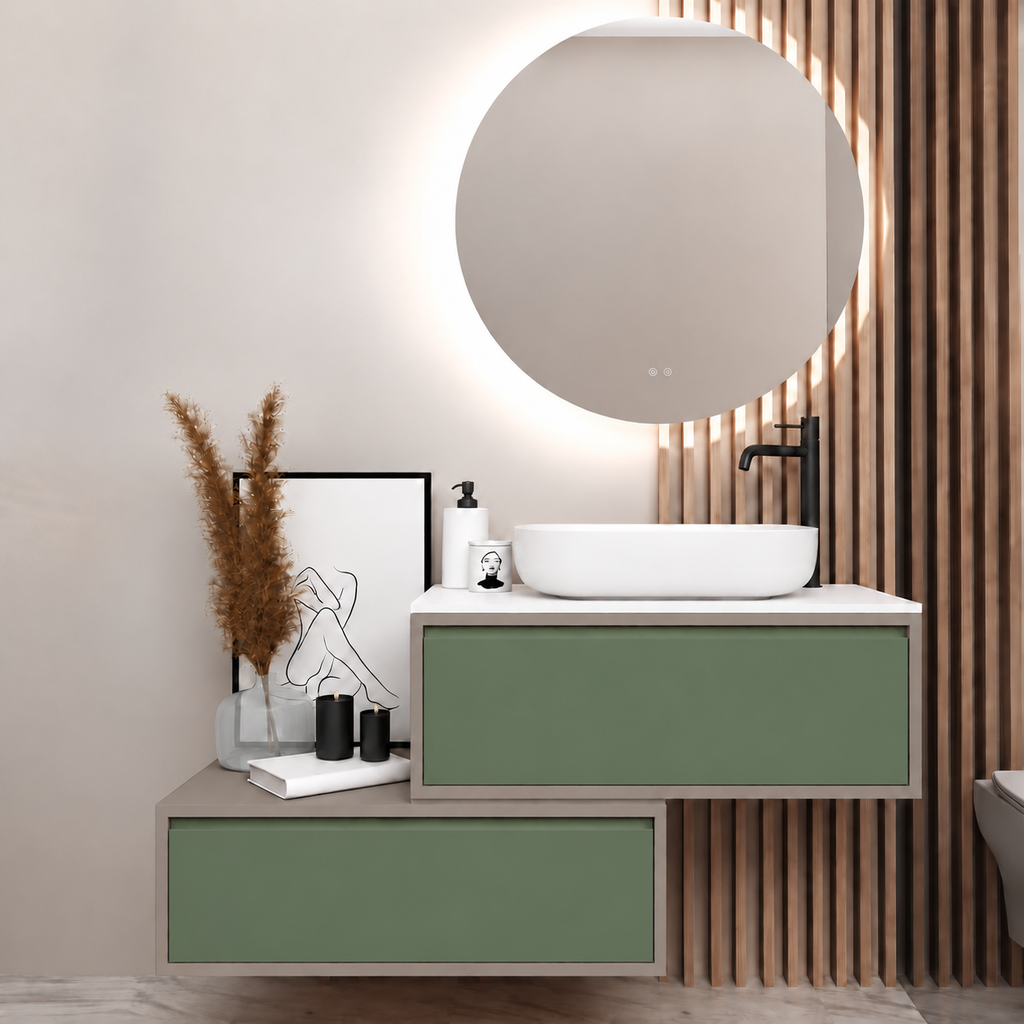 Asymmetrical vanity — cabinet194, drawer162, white upper countertop; taupe lower shelf