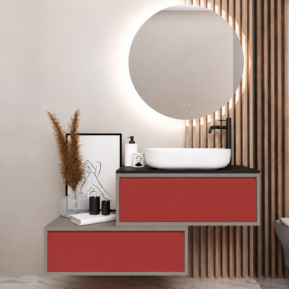Asymmetrical vanity — cabinet194, drawer165, black upper countertop; taupe lower shelf