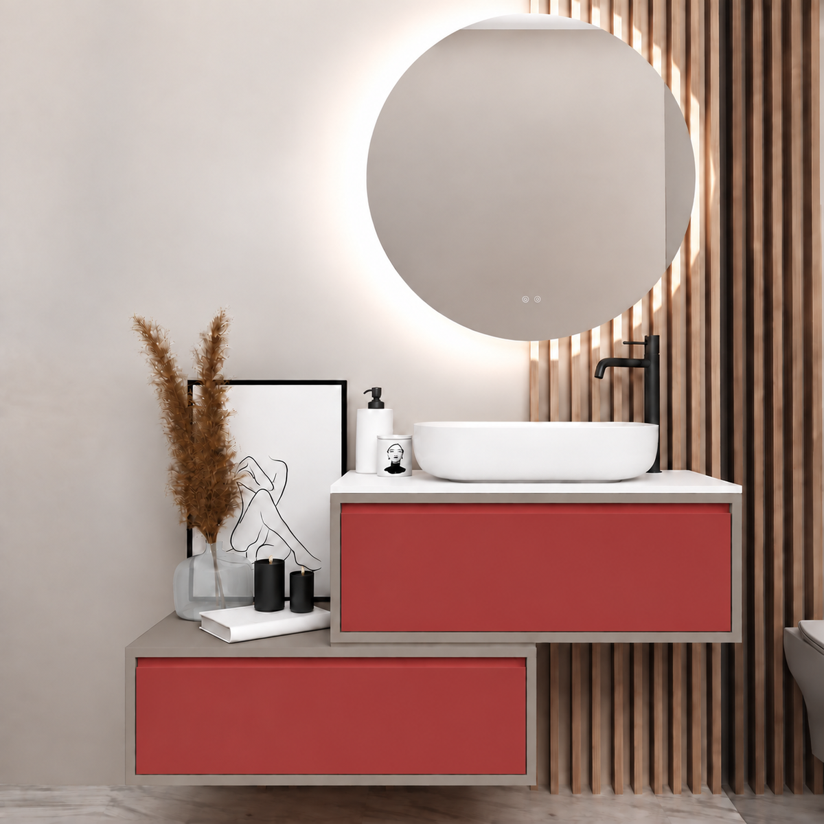 Asymmetrical vanity — cabinet194, drawer165, white upper countertop; taupe lower shelf