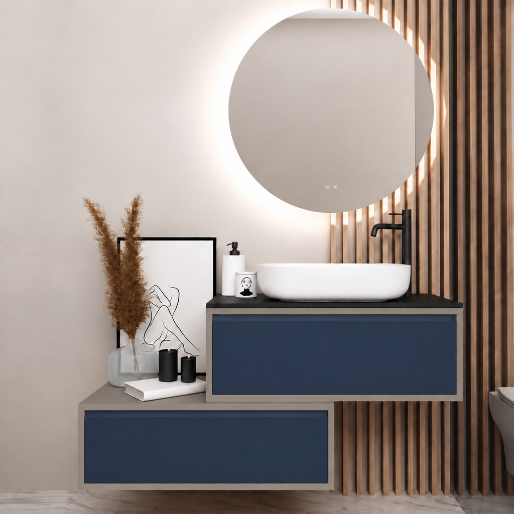 Asymmetrical vanity — cabinet194, drawer167, black upper countertop; taupe lower shelf