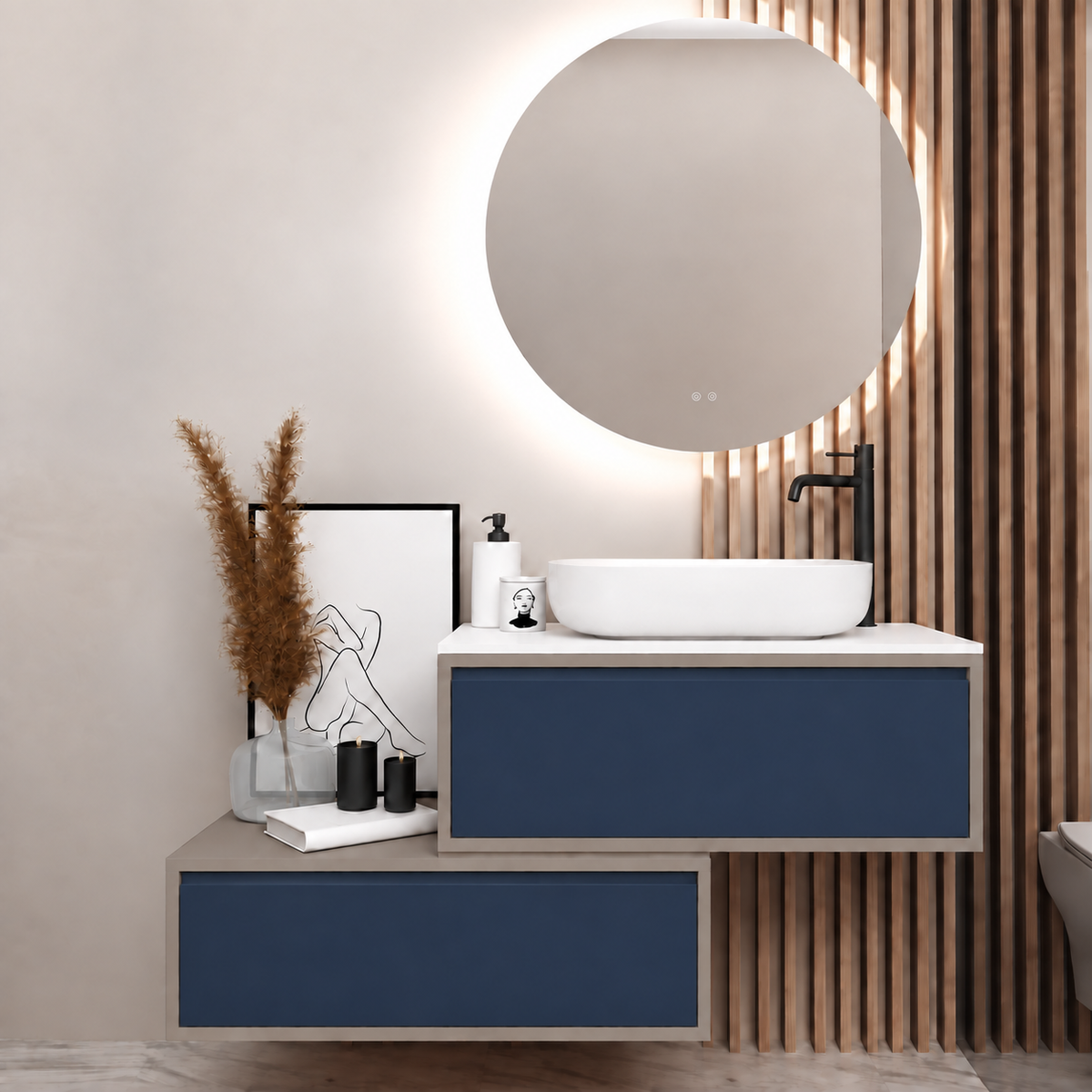 Asymmetrical vanity — cabinet194, drawer167, white upper countertop; taupe lower shelf