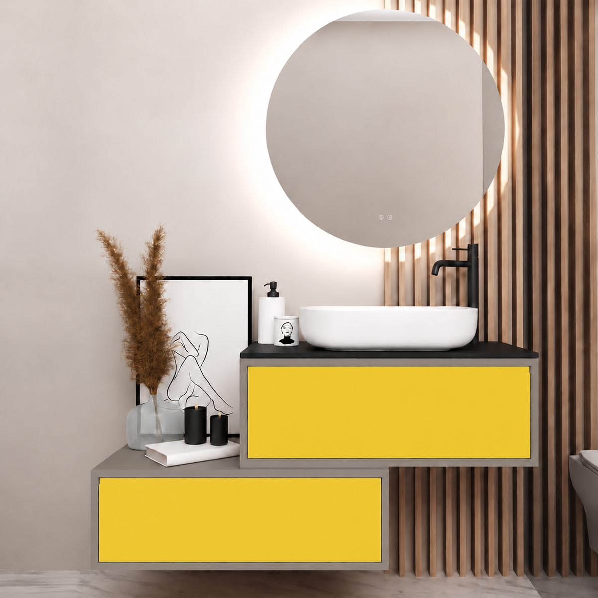 Asymmetrical vanity — cabinet194, drawer168, black upper countertop; taupe lower shelf