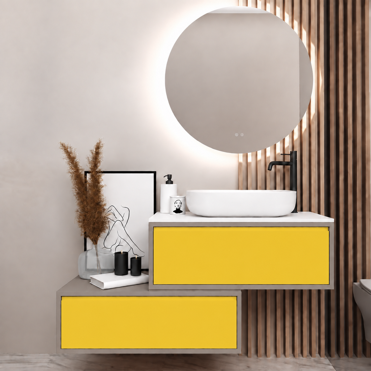 Asymmetrical vanity — cabinet194, drawer168, white upper countertop; taupe lower shelf