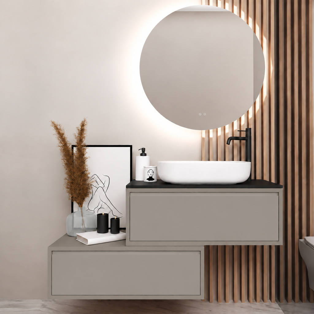 Asymmetrical vanity — cabinet194, drawer194, black upper countertop; taupe lower shelf