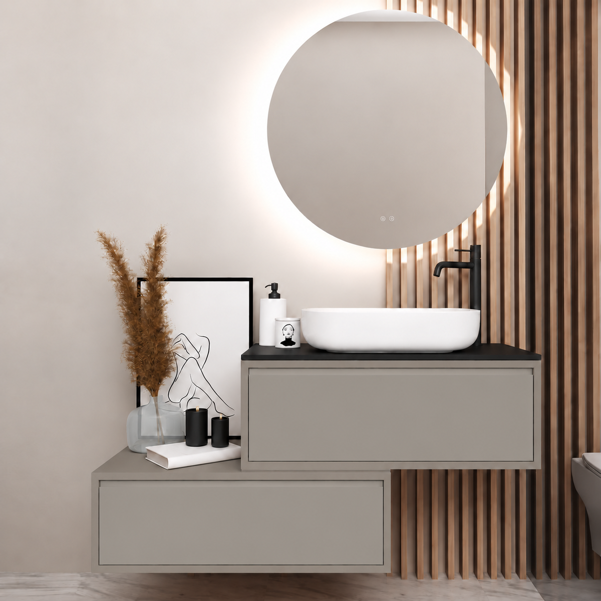 Asymmetrical vanity — cabinet194, drawer194, black upper countertop; taupe lower shelf