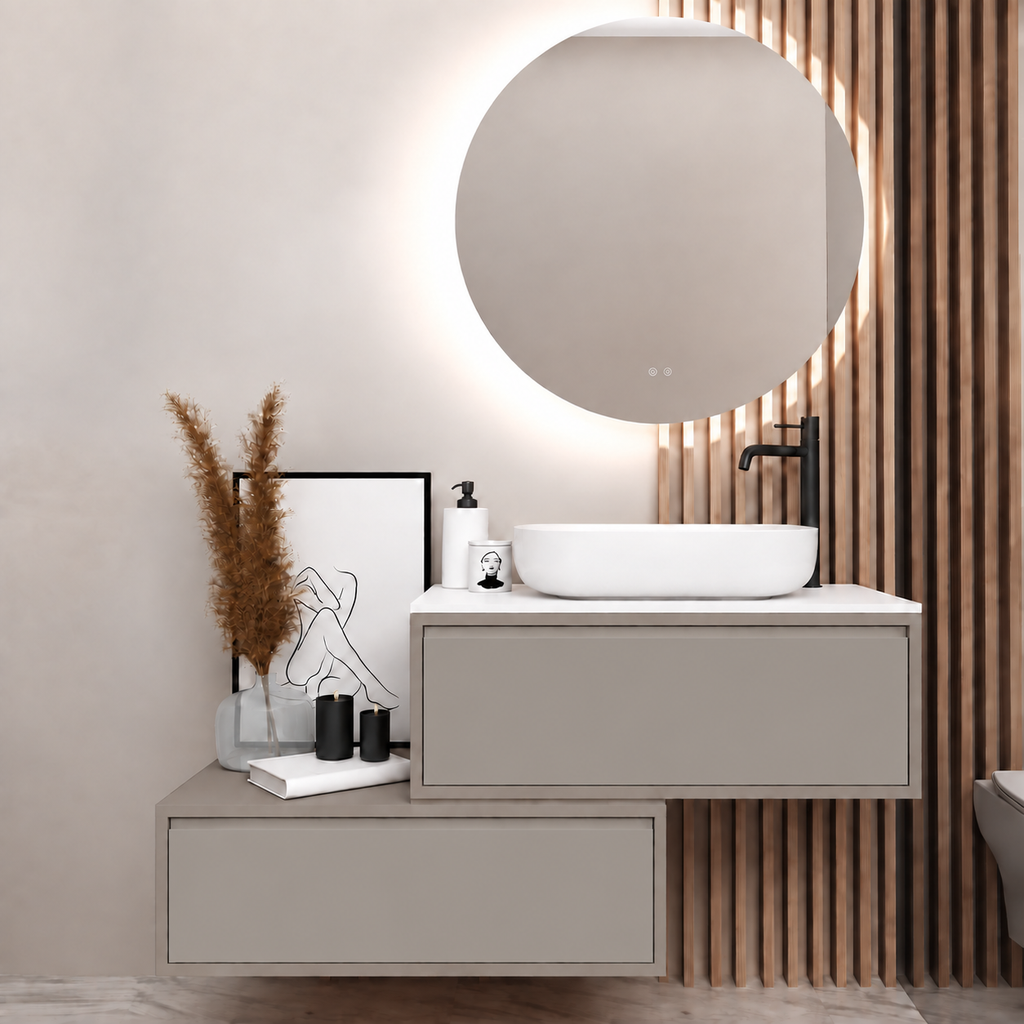 Asymmetrical vanity — cabinet194, drawer194, white upper countertop; taupe lower shelf