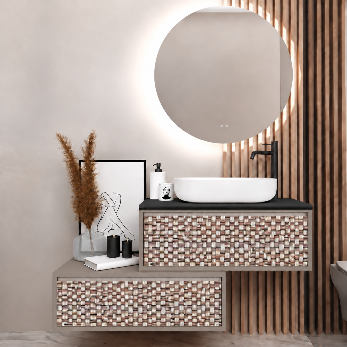Asymmetrical vanity — cabinet194, drawer245, black upper countertop; taupe lower shelf