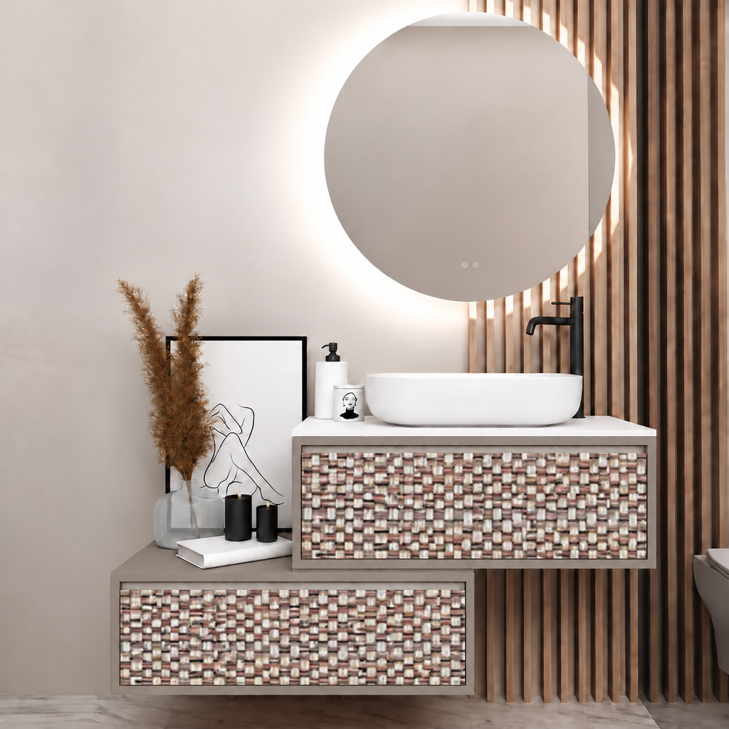 Asymmetrical vanity — cabinet194, drawer245, white upper countertop; taupe lower shelf