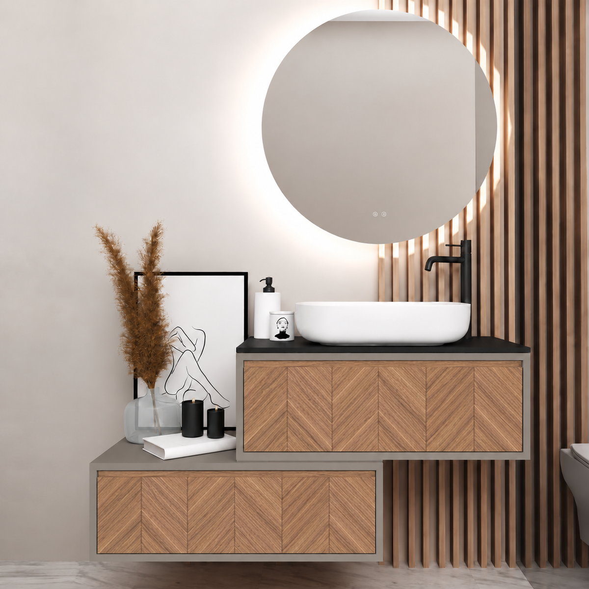 Asymmetrical vanity — cabinet194, drawer270, black upper countertop; taupe lower shelf