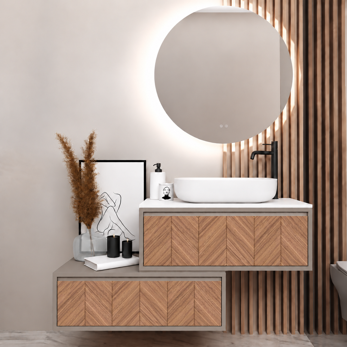 Asymmetrical vanity — cabinet194, drawer270, white upper countertop; taupe lower shelf