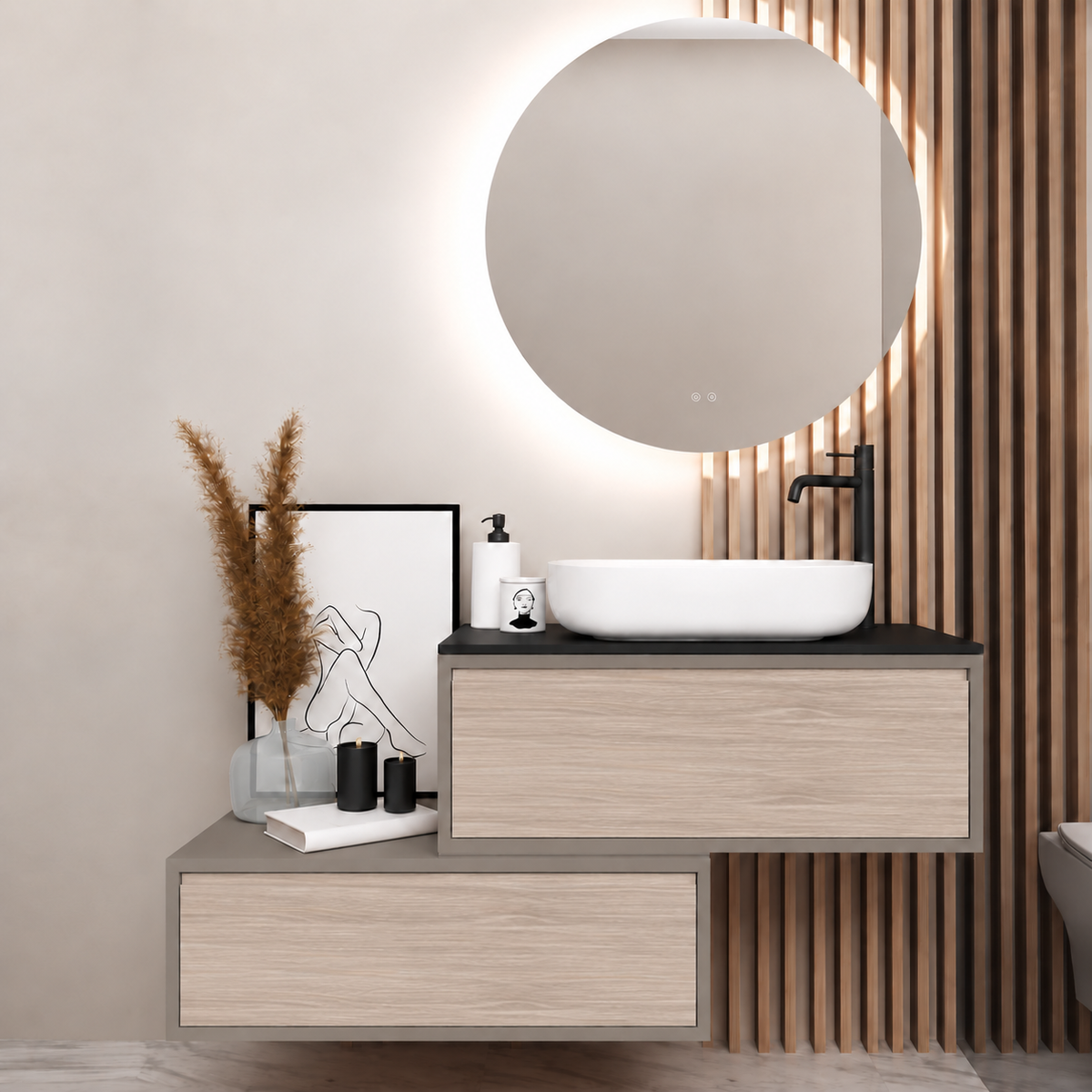 Asymmetrical vanity — cabinet194, drawer326, black upper countertop; taupe lower shelf