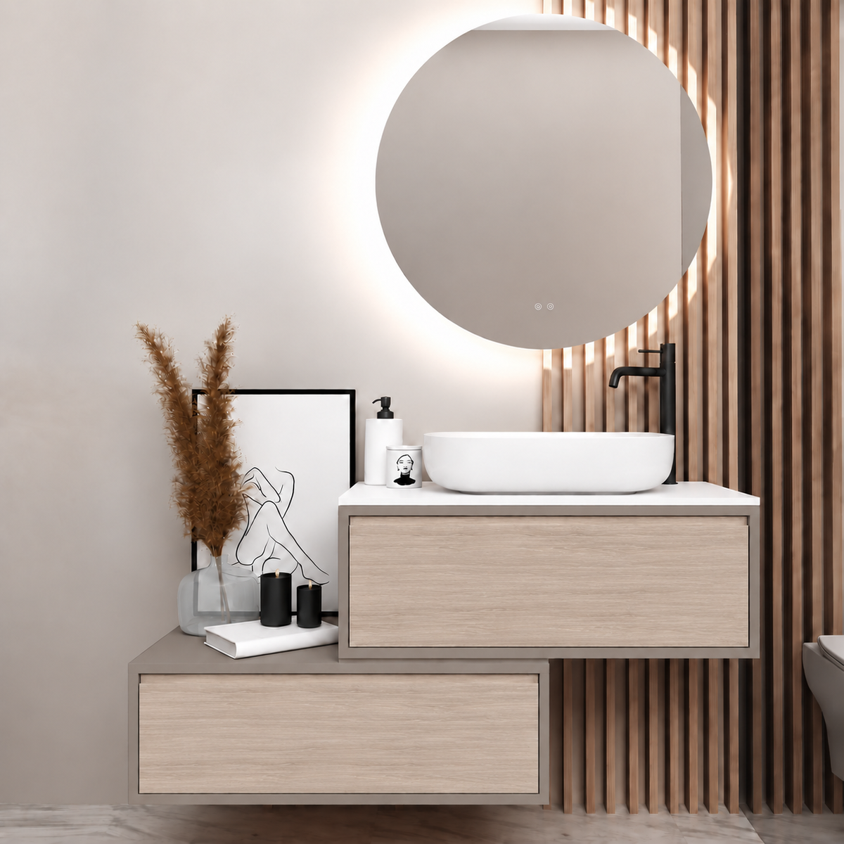 Asymmetrical vanity — cabinet194, drawer326, white upper countertop; taupe lower shelf
