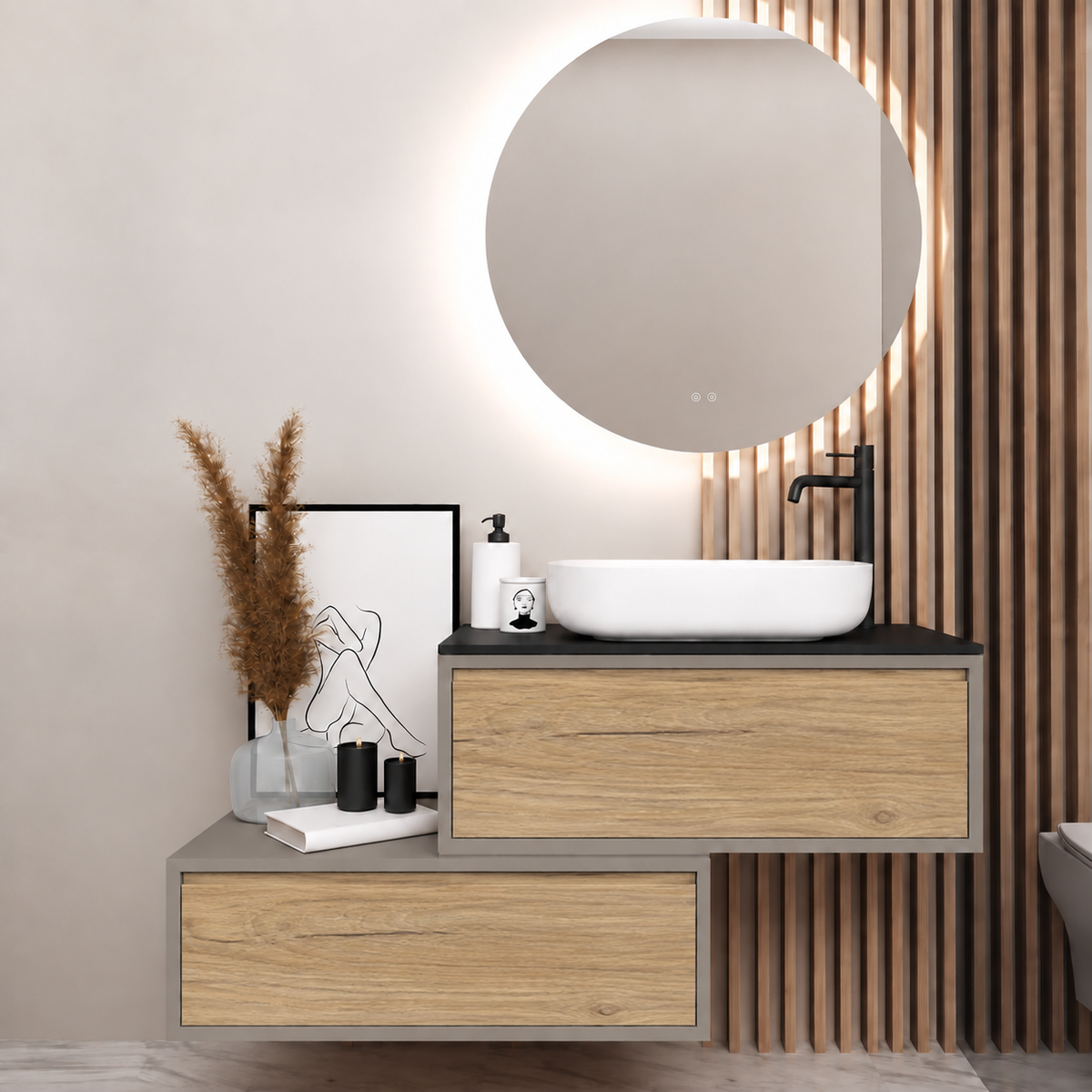 Asymmetrical vanity — cabinet194, drawer331, black upper countertop; taupe lower shelf