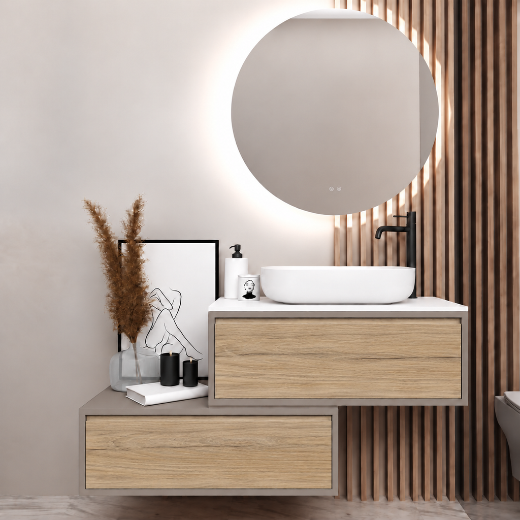Asymmetrical vanity — cabinet194, drawer331, white upper countertop; taupe lower shelf