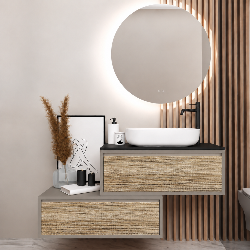 Asymmetrical vanity — cabinet194, drawer390, black upper countertop; taupe lower shelf
