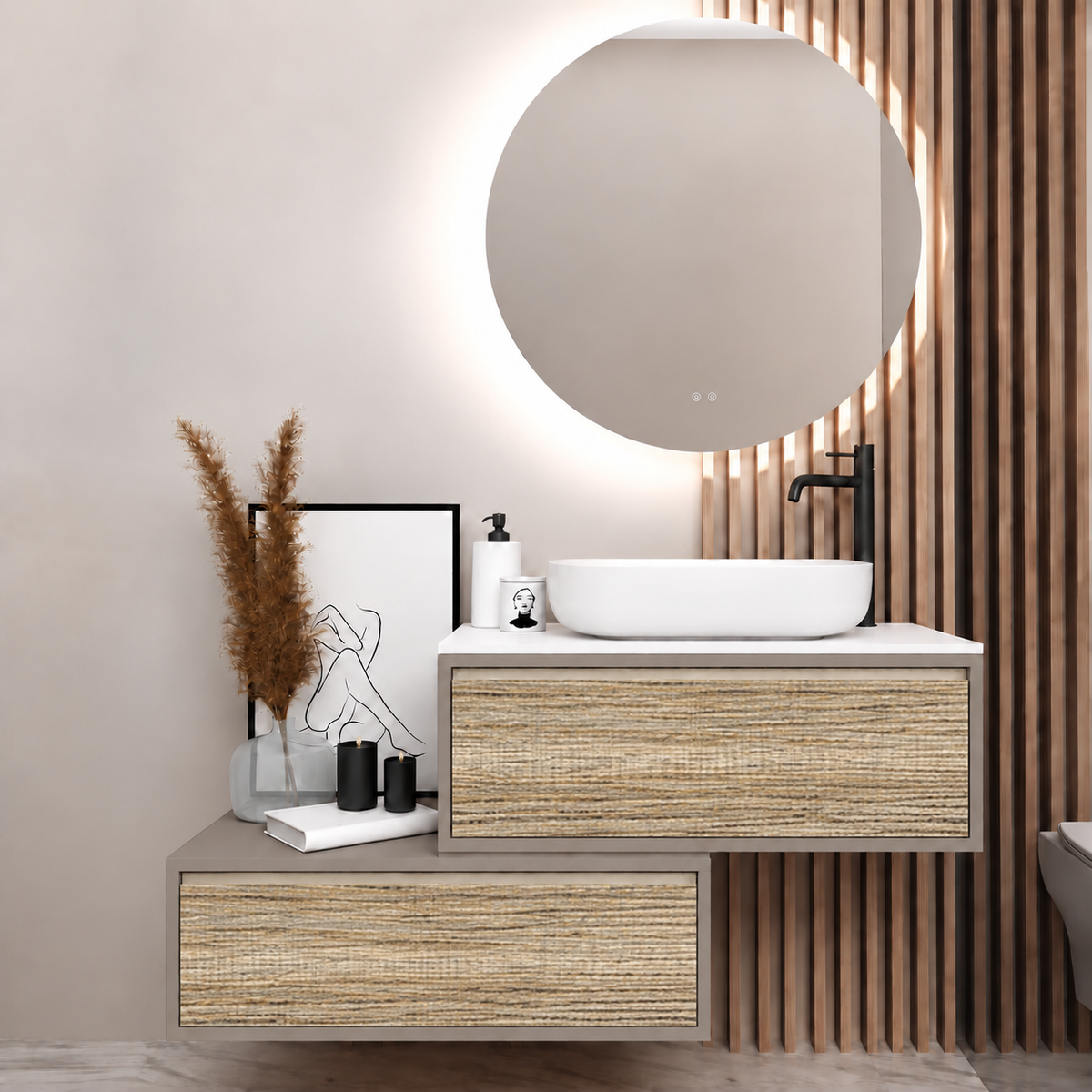 Asymmetrical vanity — cabinet194, drawer390, white upper countertop; taupe lower shelf
