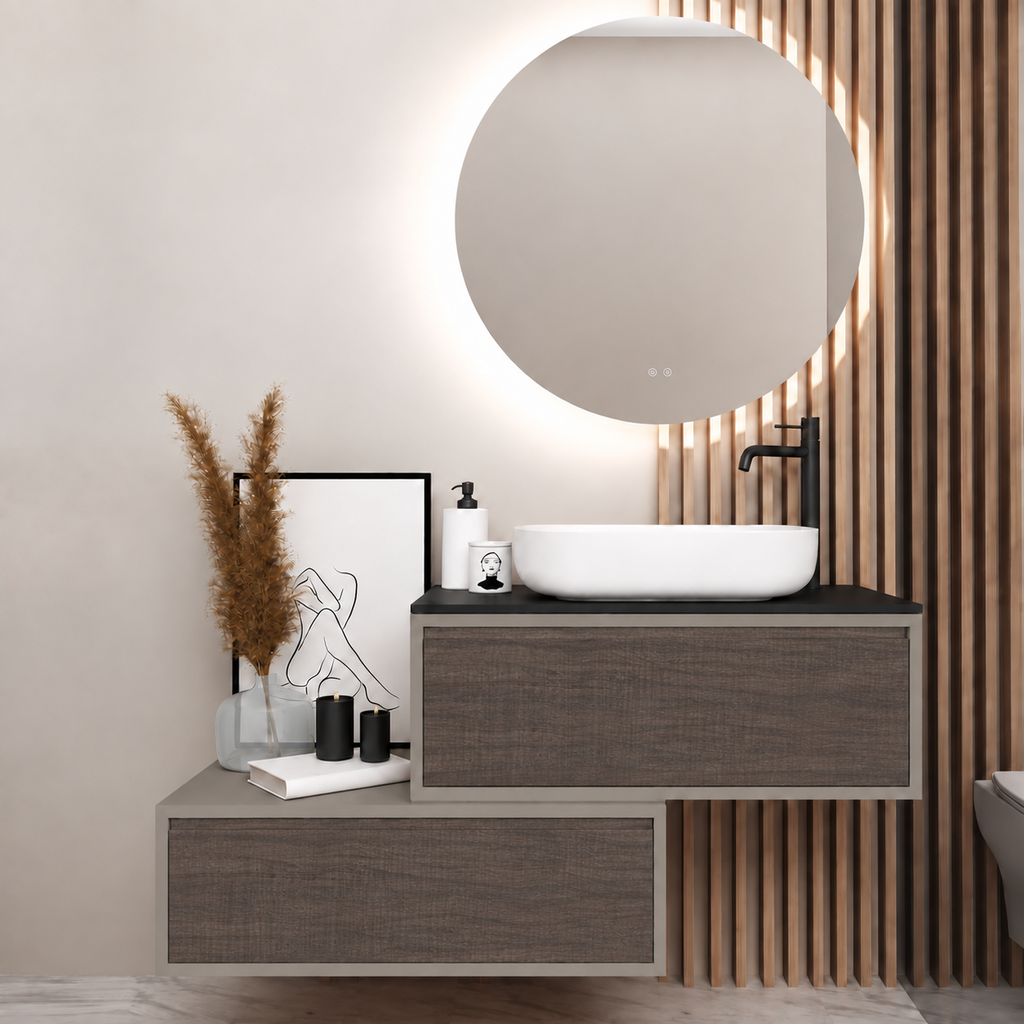 Asymmetrical vanity — cabinet194, drawer399, black upper countertop; taupe lower shelf