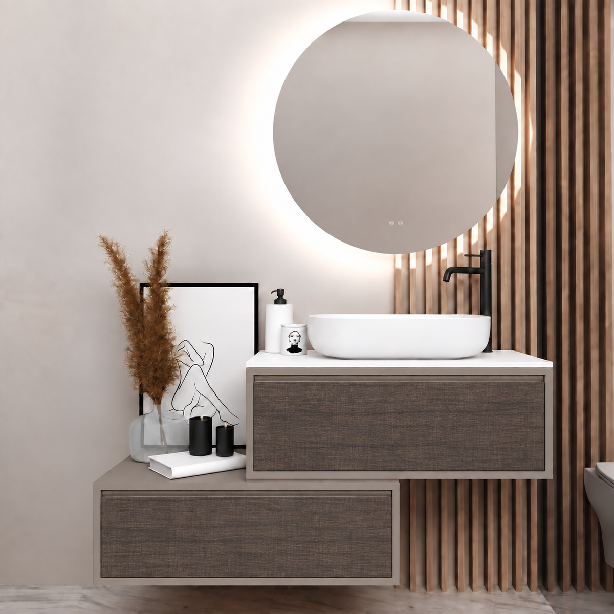 Asymmetrical vanity — cabinet194, drawer399, white upper countertop; taupe lower shelf