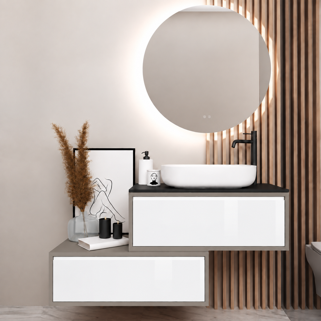 Asymmetrical vanity — cabinet194, drawer6010, black upper countertop; taupe lower shelf