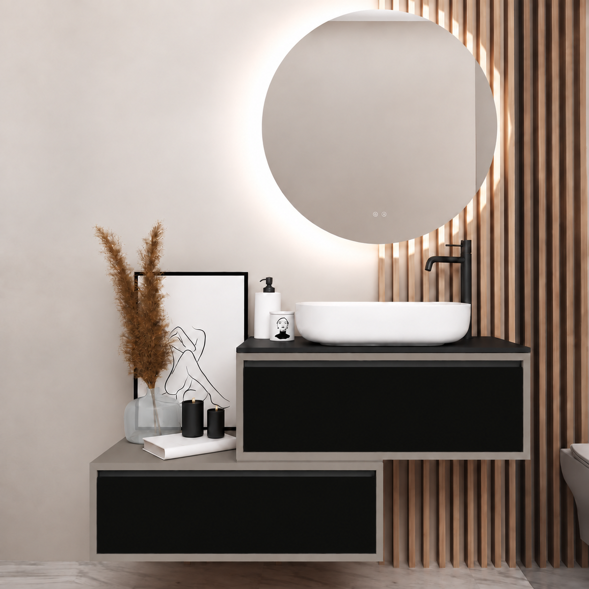 Asymmetrical vanity — cabinet194, drawer6040, black upper countertop; taupe lower shelf