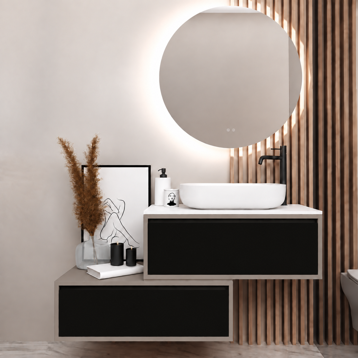 Asymmetrical vanity — cabinet194, drawer6040, white upper countertop; taupe lower shelf