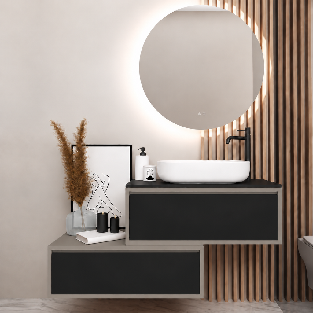 Asymmetrical vanity — cabinet194, drawer6090, black upper countertop; taupe lower shelf
