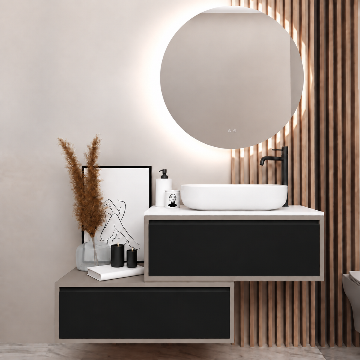 Asymmetrical vanity — cabinet194, drawer6090, white upper countertop; taupe lower shelf